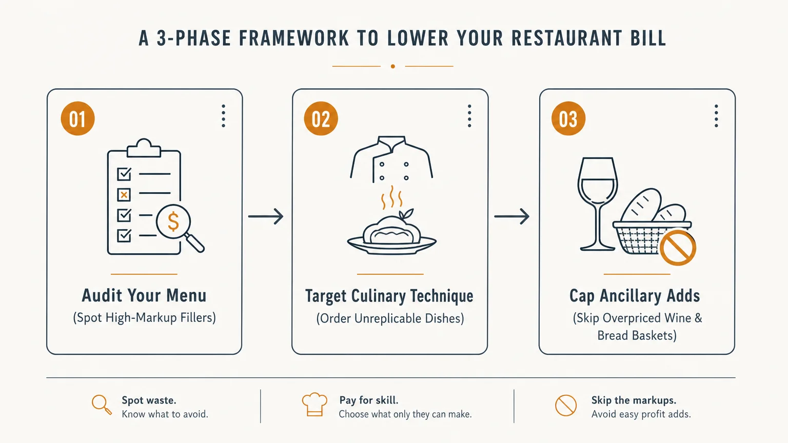 Three-step diagram outlining a framework to audit menus, target culinary technique, and cap ancillary add-ons.