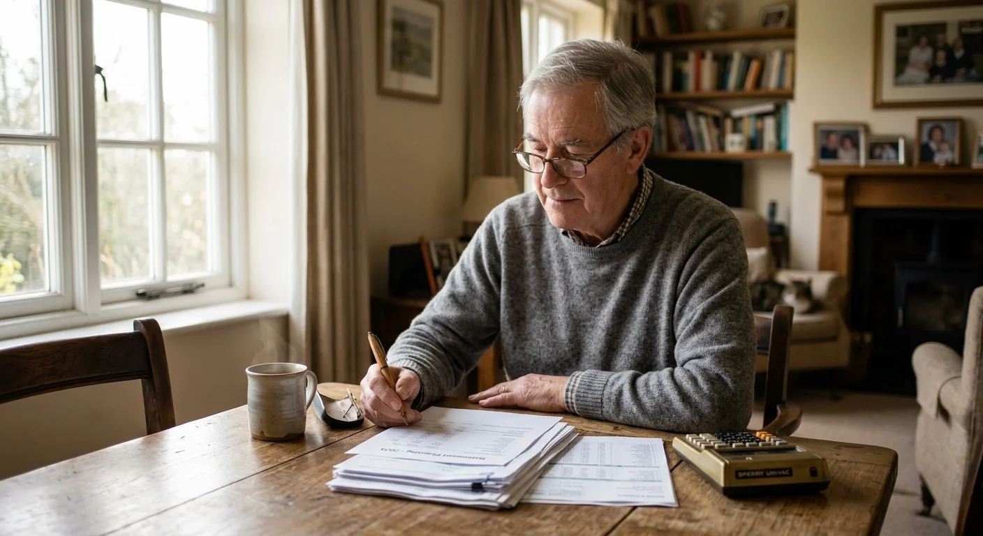 A 73-year-old man reviews retirement paperwork at a sunlit dining table with a calculator and cup of tea.