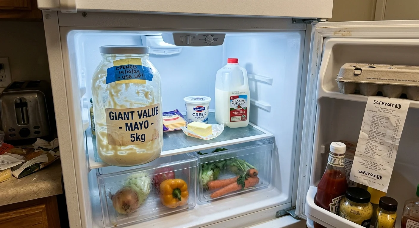 A candid photo looking inside an open refrigerator with a giant, half-empty bulk food jar sitting on a shelf.