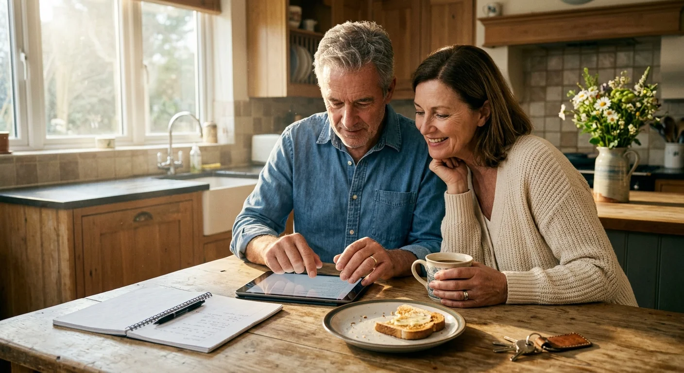 A candid photo of a couple in their 60s reviewing their household budget on a tablet at their kitchen island.
