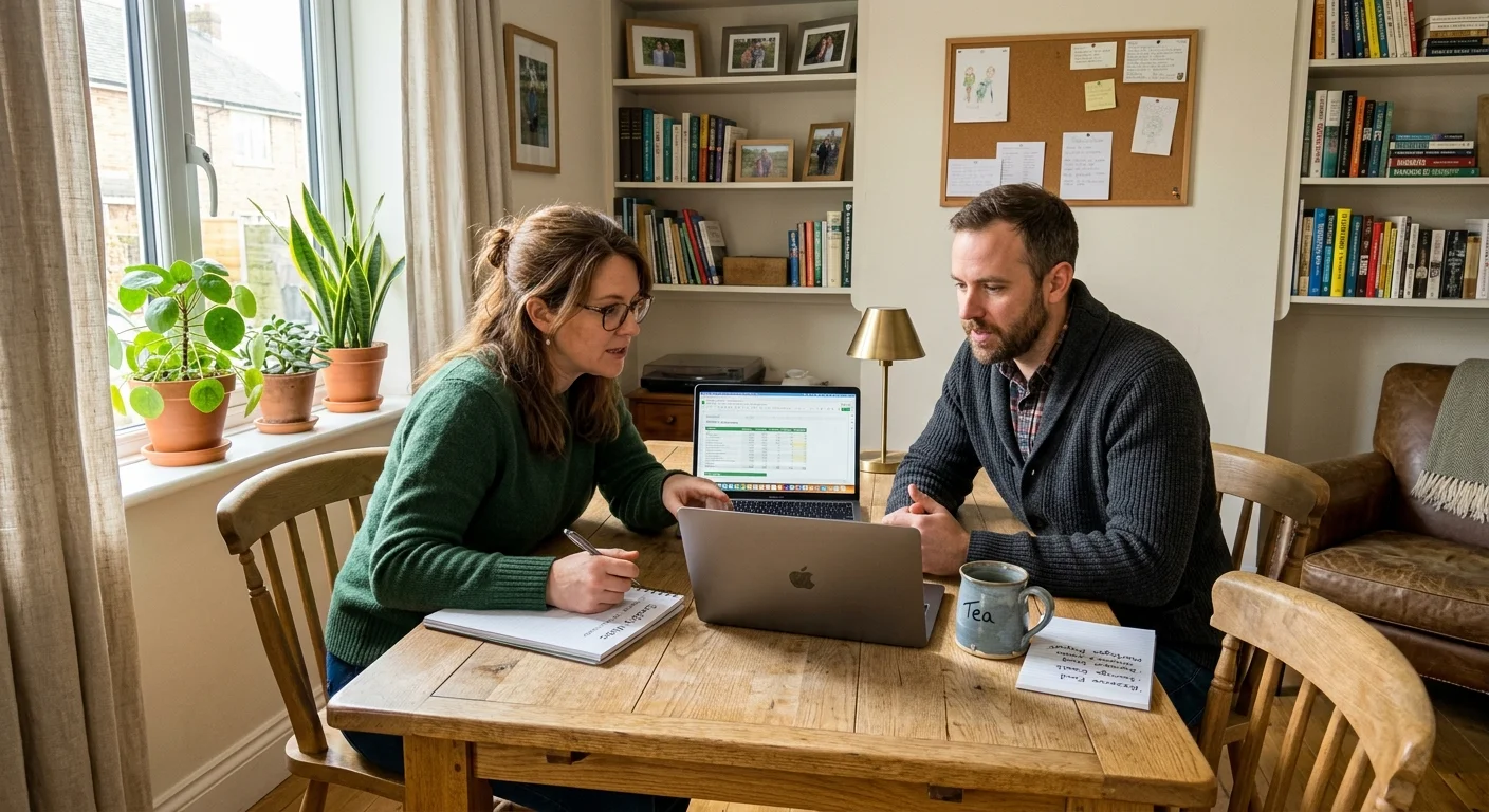 A candid photograph of a person reviewing household budgets on a laptop at a kitchen table, surrounded by warm, natural light.