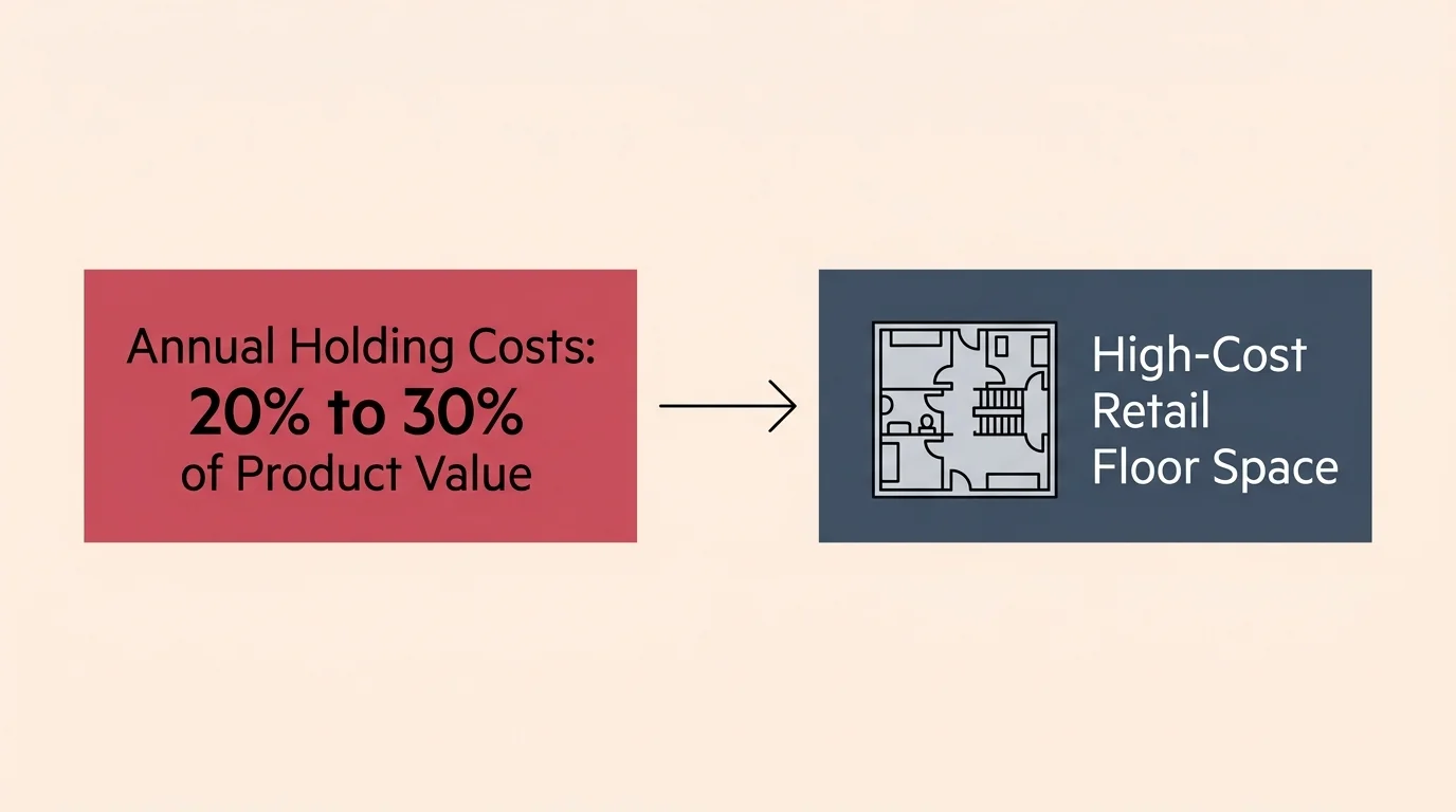 A clean data visualization comparing retail warehouse holding costs of 20% to 30% against high-cost retail floor space.