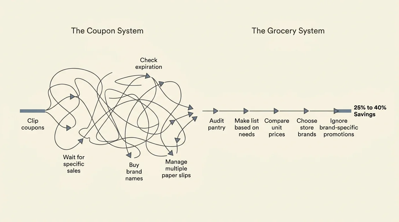 A clean flowchart diagram comparing the complex coupon system with a simplified, systematic grocery shopping method.