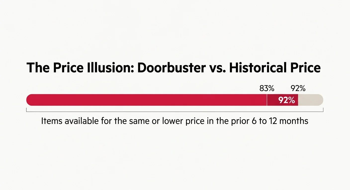 A clean horizontal bar chart showing that 83% to 92% of doorbuster items were cheaper or the same price earlier in the year.