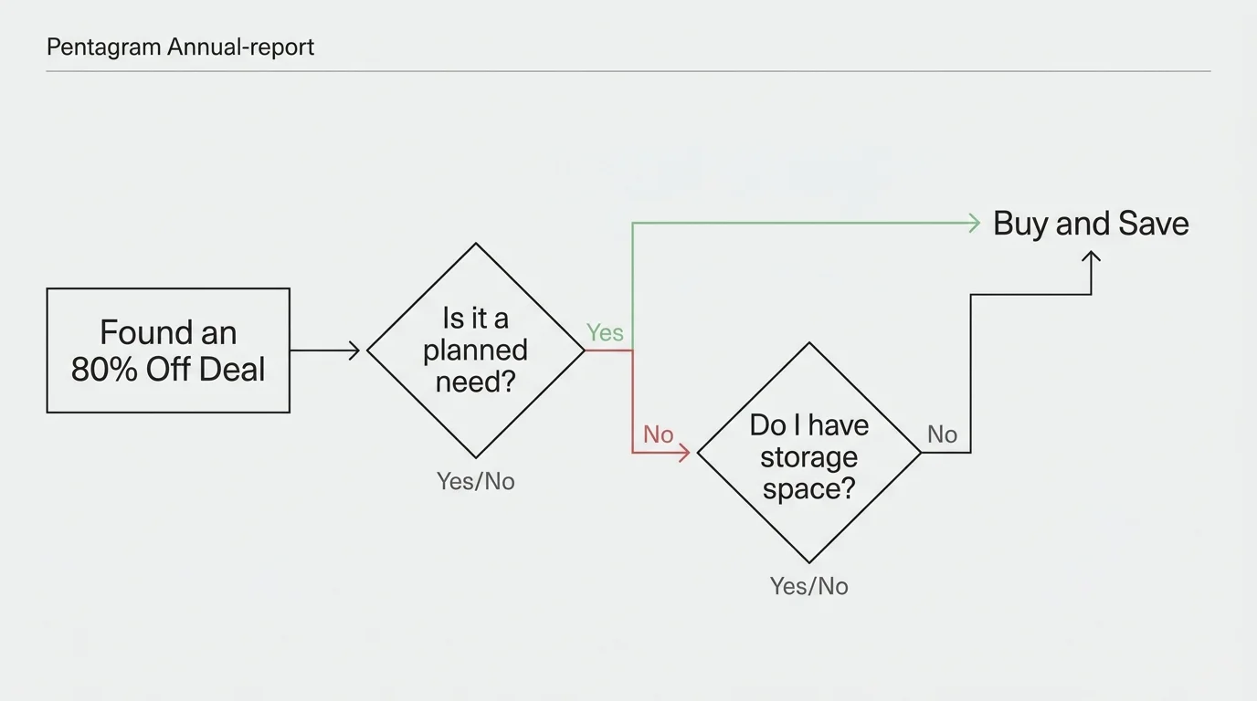 A clean, horizontal decision tree flowchart helping shoppers decide whether a clearance sale item is a true deal or a trap.