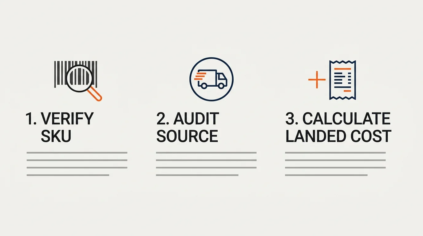 A clean horizontal diagram showing three strategic pillars: Verify SKU, Audit Source, and Calculate Landed Cost.