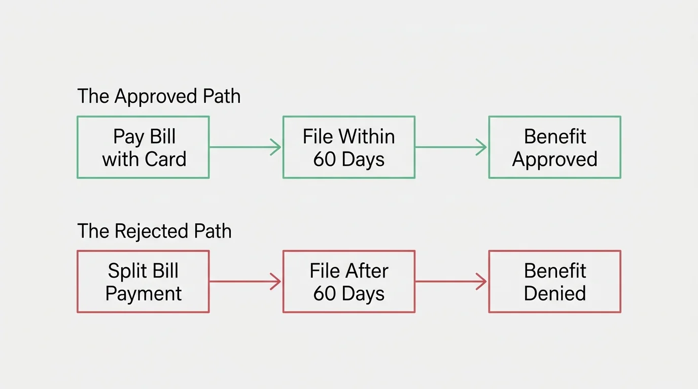 A clean horizontal flow diagram showing the approved path versus the rejected path for credit card benefit claims.