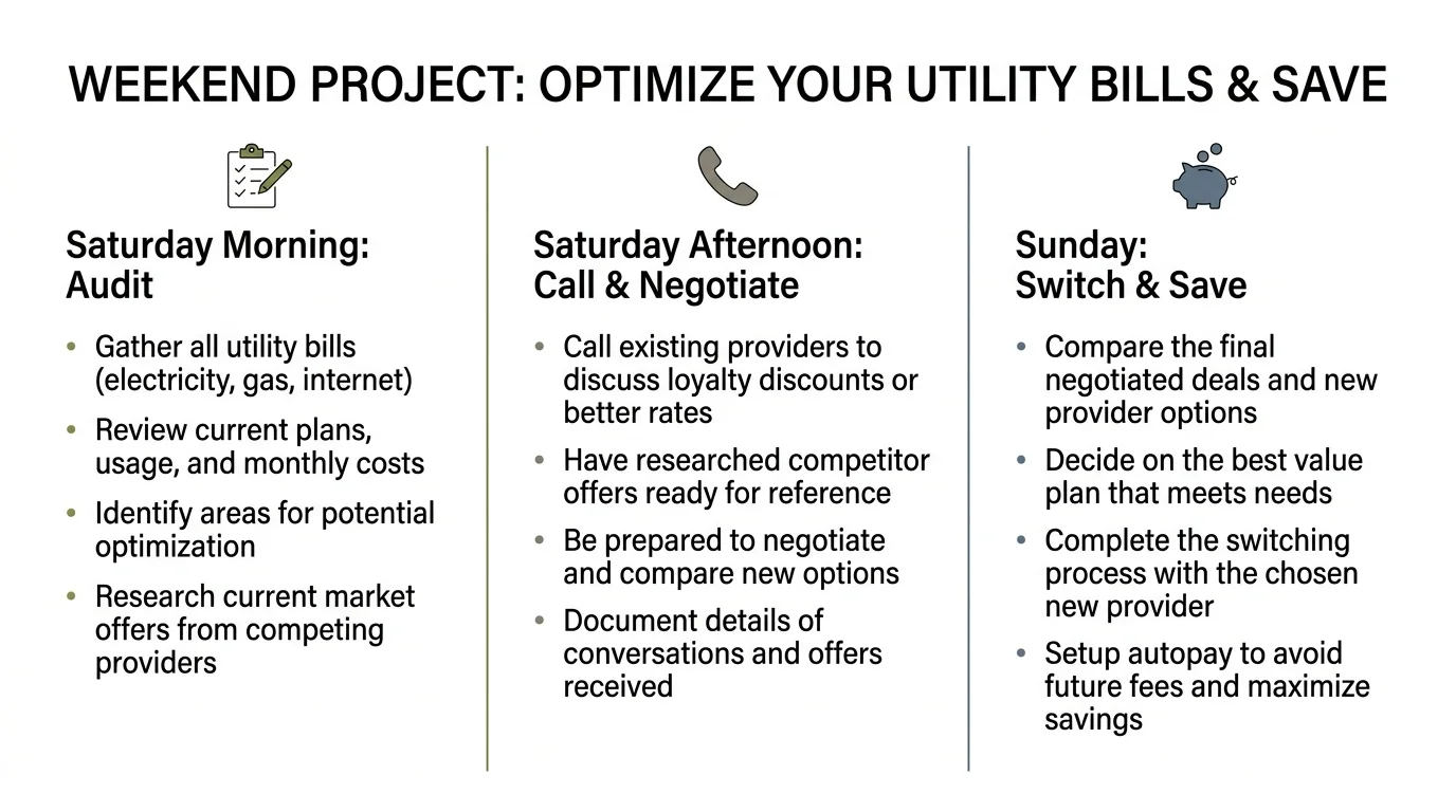 A clean horizontal infographic roadmap detailing a weekend savings plan: Saturday Morning Audit, Saturday Afternoon Negotiate, Sunday Switch