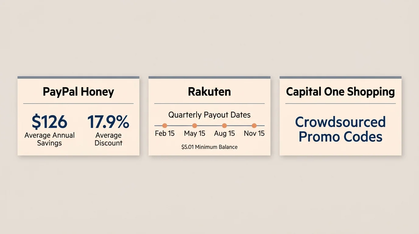 A clean, horizontal three-card infographic showing savings stats for Honey, Rakuten payout dates, and Capital One Shopping.