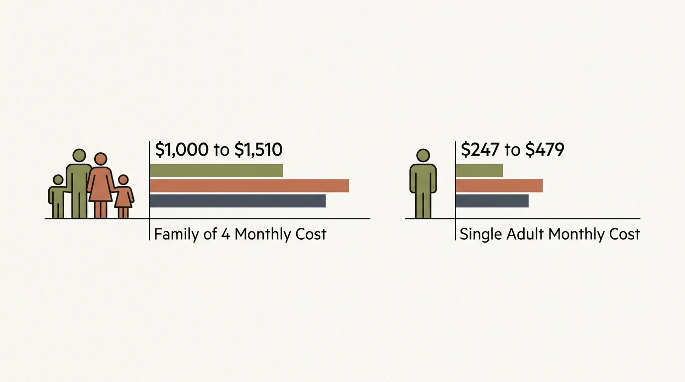 A clean infographic comparing monthly grocery costs for a family of four ($1,000 to $1,510) and a single adult ($247 to $479).
