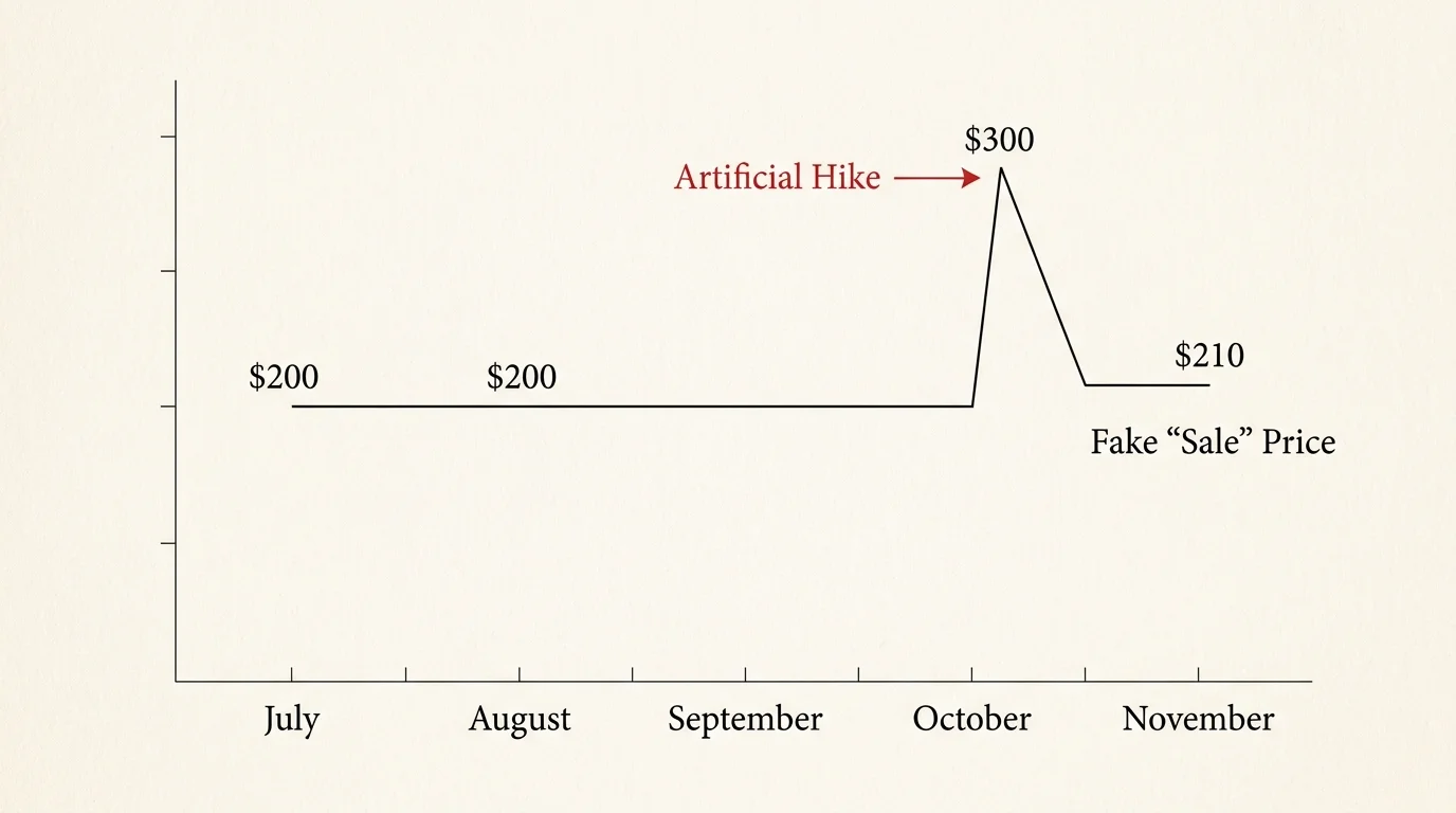 A clean line graph showing a price flat at $200, spiking to $300 in October, and dropping to a fake sale price of $210 in November.