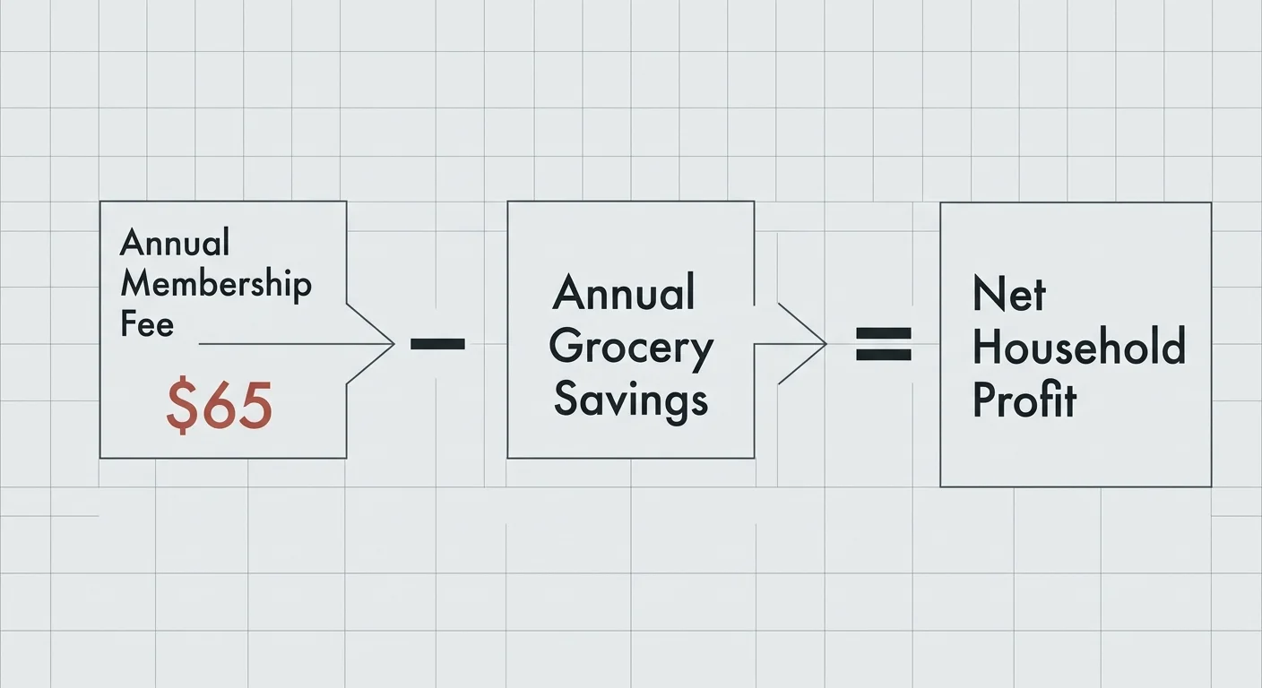 A clean, minimalist flowchart diagram illustrating the mathematical formula to calculate a sixty-five dollar membership break-even.