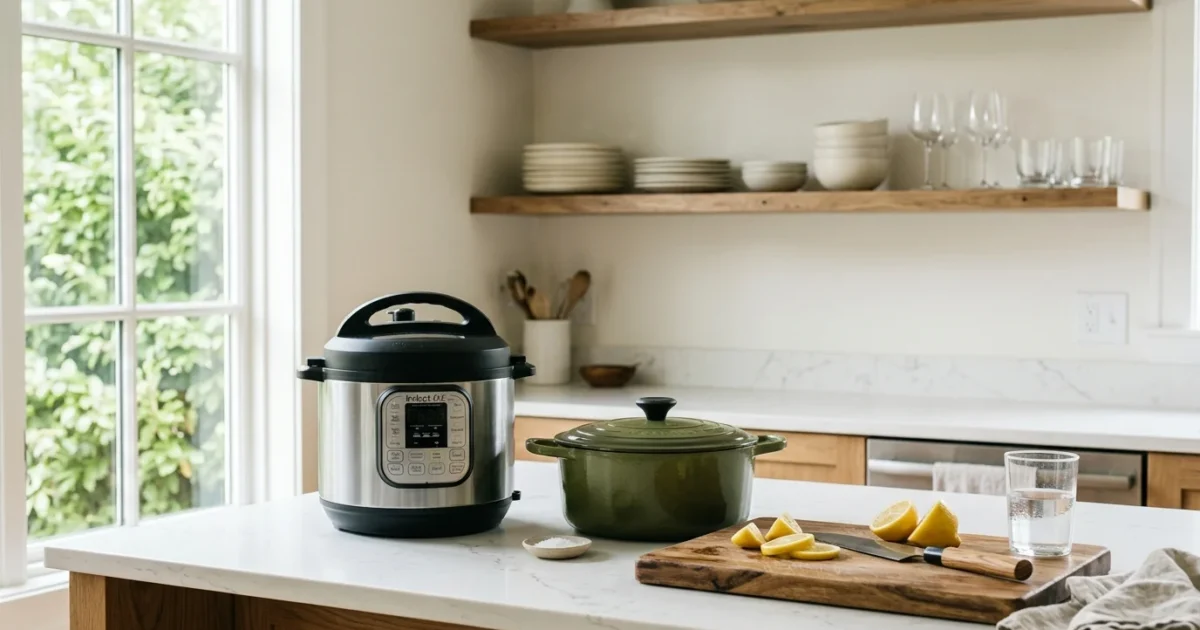 A pressure cooker, green Dutch oven, and cutting board with sliced lemons sit on a bright kitchen island counter.