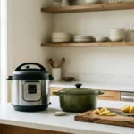 A pressure cooker, green Dutch oven, and cutting board with sliced lemons sit on a bright kitchen island counter.