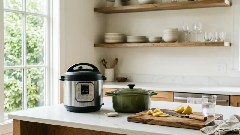 A pressure cooker, green Dutch oven, and cutting board with sliced lemons sit on a bright kitchen island counter.
