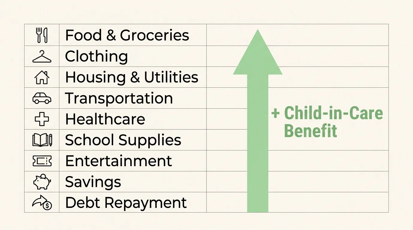 A clean, modern diagram of a budget worksheet showing list categories like food and school supplies with an arrow indicating a benefit addit