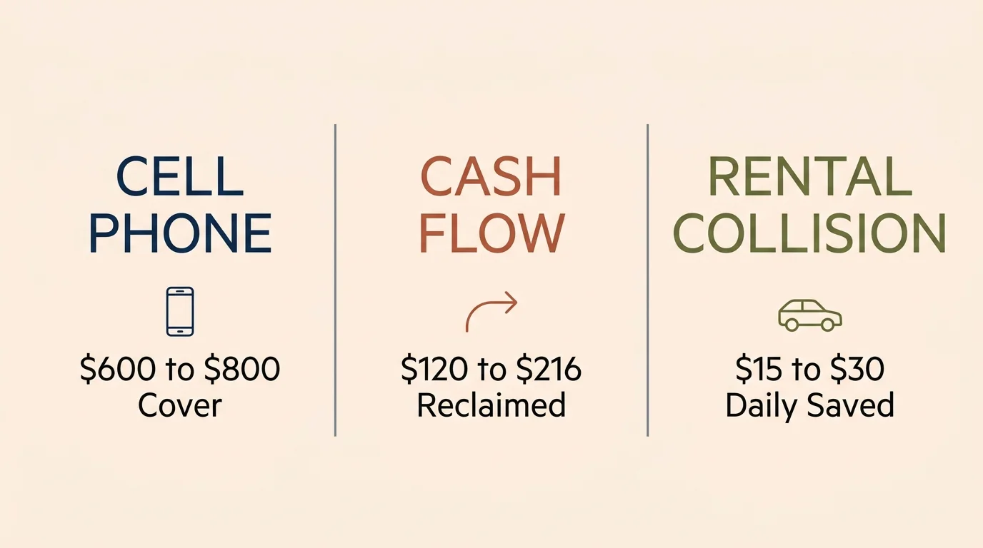 A clean, three-column infographic displaying specific cell phone, cash flow, and car rental savings figures from the article.