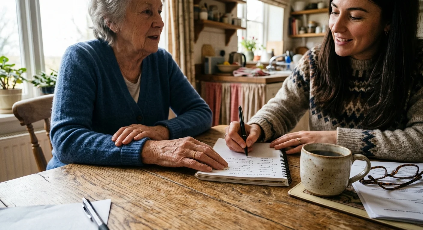 A close-up, authentic photo of hands resting on a kitchen table near a warm mug of coffee, glasses, and a notebook with handwritten planning