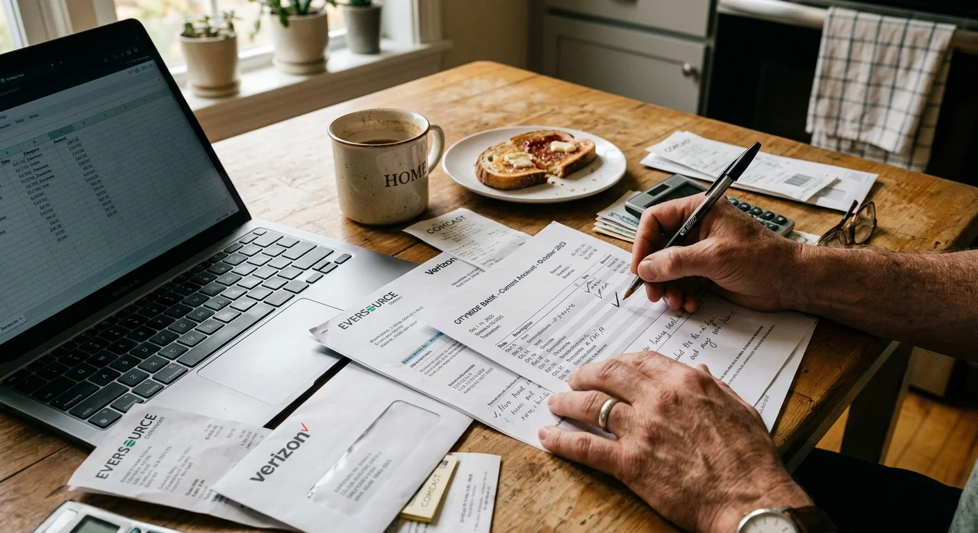 A close-up photo of hands checking off items on a paper statement next to a laptop and a mug on a wooden kitchen table.