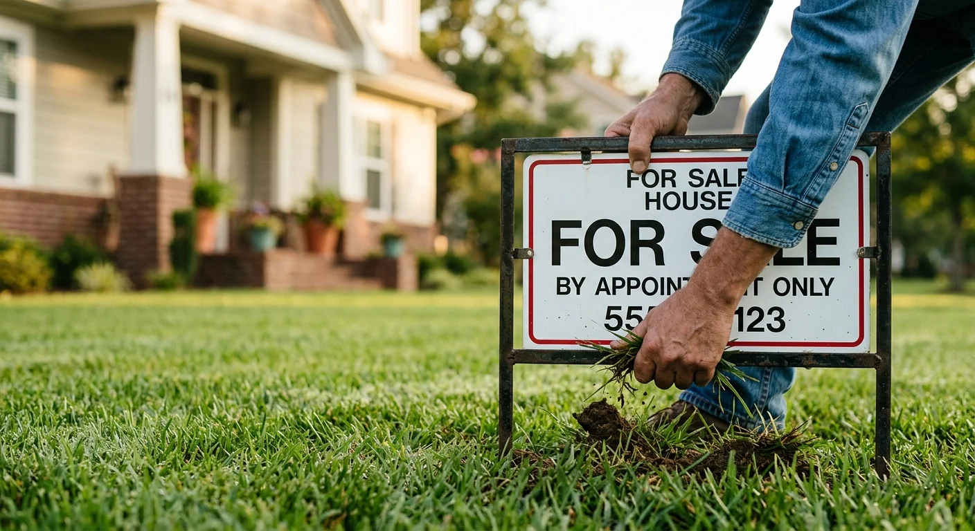 A close-up photograph of a 'For Sale' sign being placed into a green suburban lawn during the warm light of golden hour.