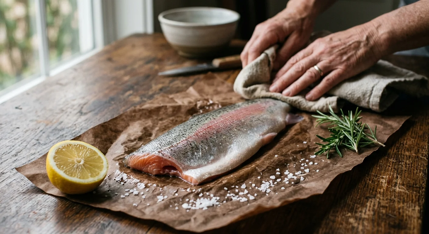 A close-up photograph of a fresh trout fillet on butcher paper with lemon, rosemary, and sea salt on a rustic kitchen table.