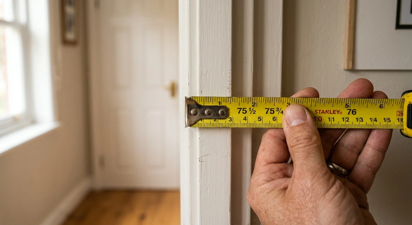 A close-up photograph of a hand stretching a yellow steel tape measure across a narrow doorframe in a home.