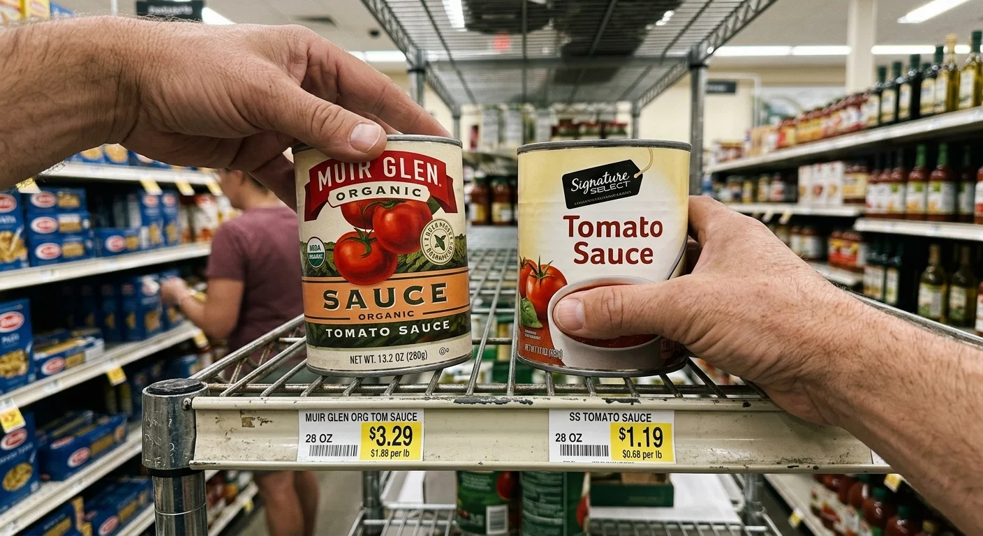 A close-up photograph of hands comparing a national brand can with a store brand can on a supermarket shelf, focusing on the unit price tag.