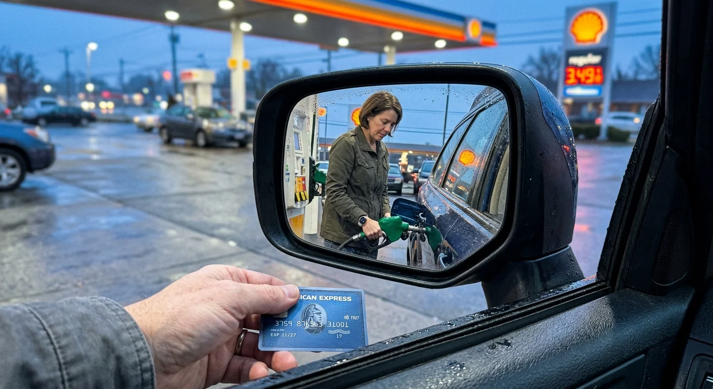 A close-up shot of a car side mirror reflecting a person pumping gas at a station during a cool, early morning.