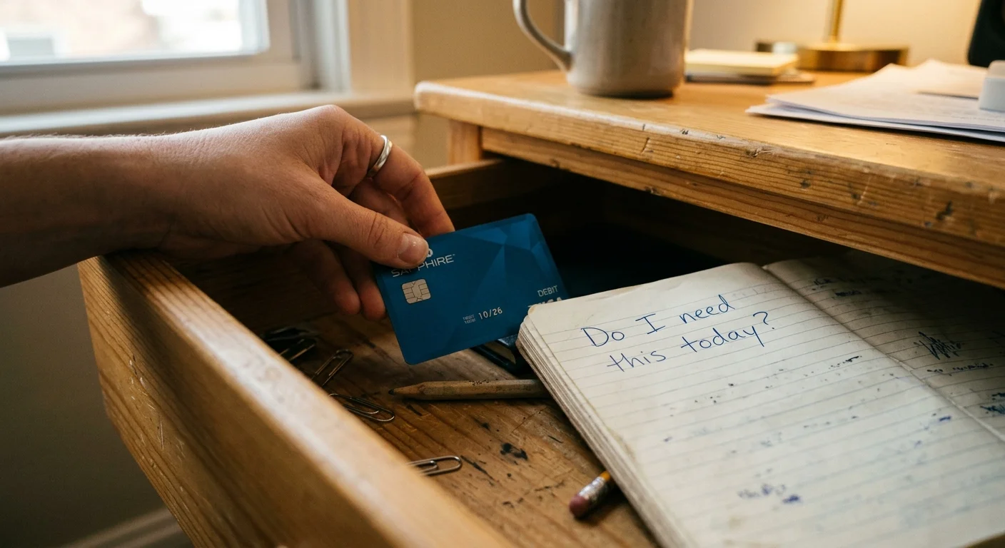 A close-up shot of a hand placing a credit card inside a desk drawer next to a notebook asking, Do I need this today?