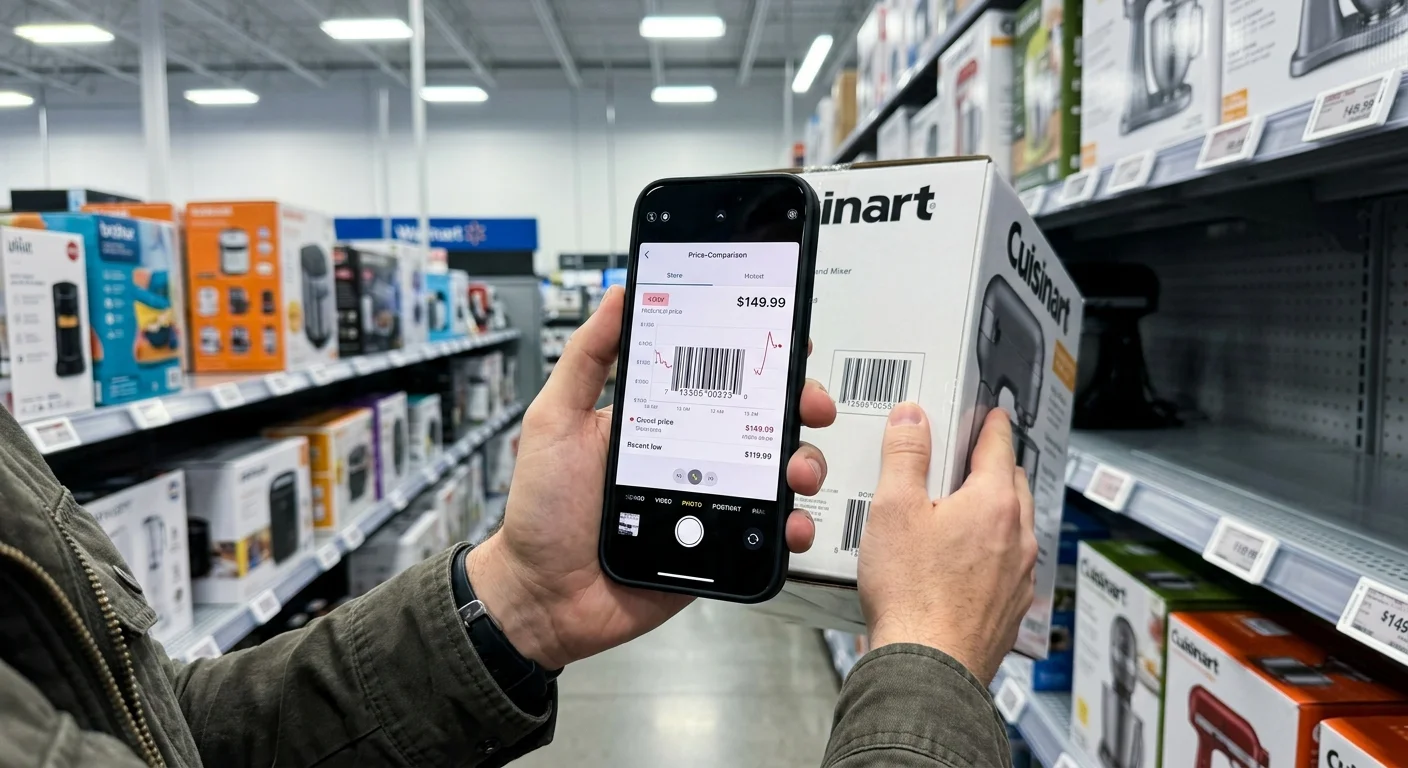 A close-up smartphone screen scanning a product barcode in a store aisle to compare prices online.