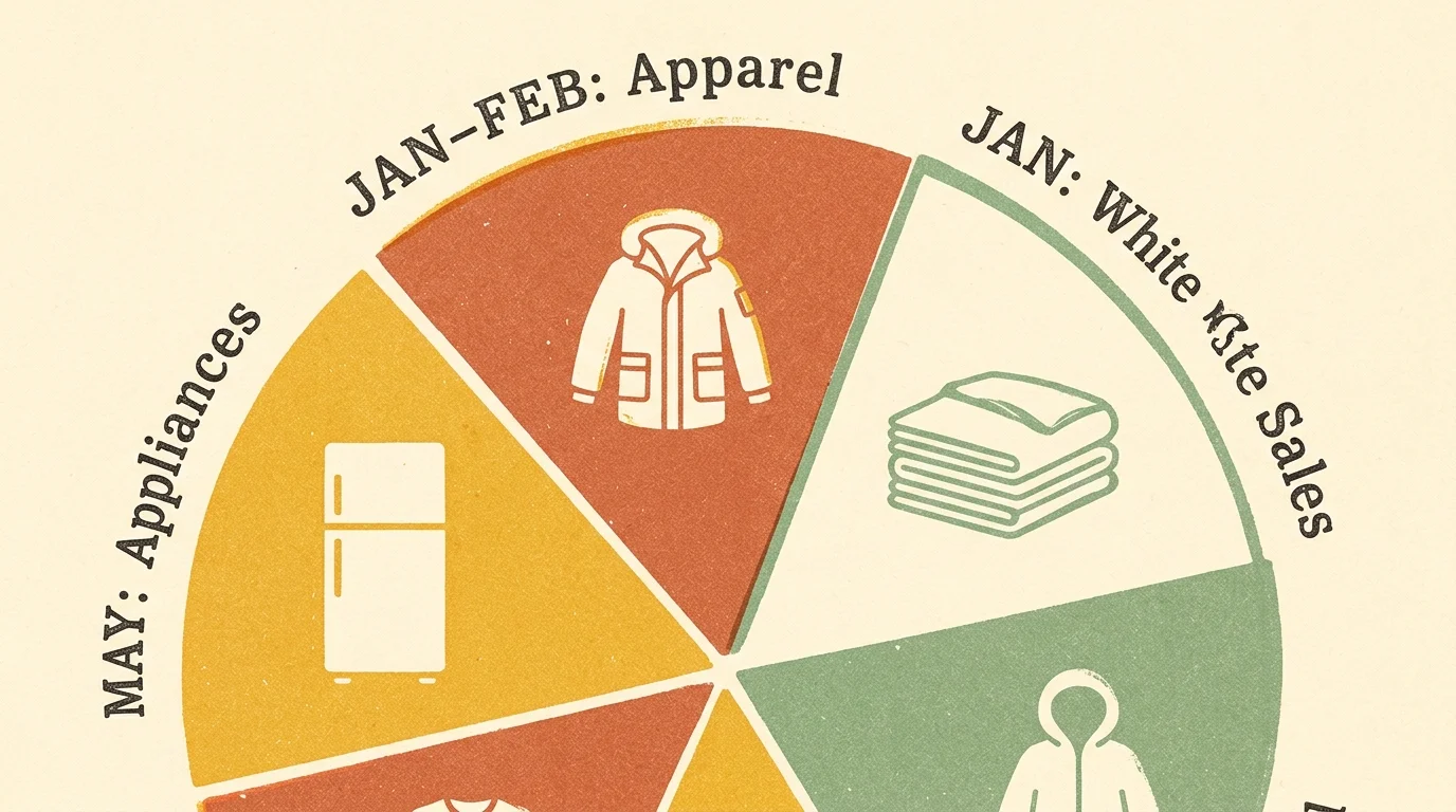 A colorful Risograph-style calendar wheel illustrating seasonal markdown periods for apparel, linens, and appliances.