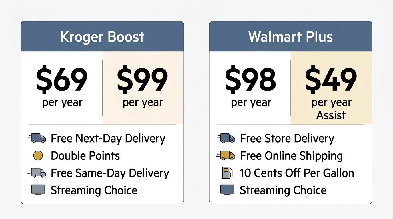 A comparative infographic showing price tiers and delivery benefits for Kroger Boost and Walmart Plus programs side by side.
