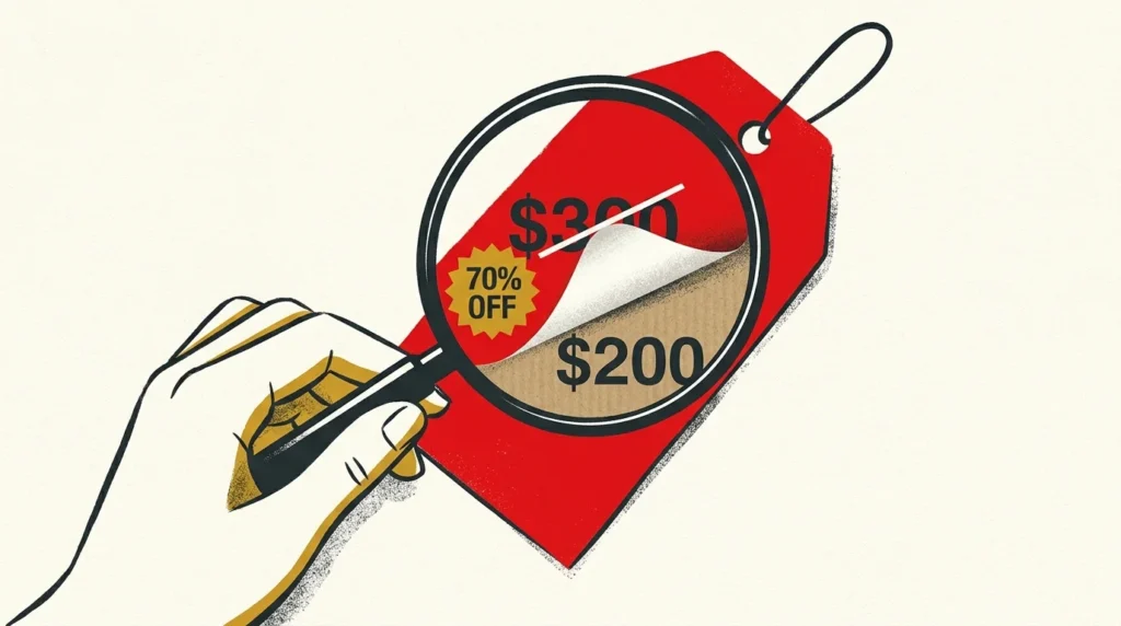 A conceptual illustration of a magnifying glass peeling back a fake $300 price tag to reveal the true $200 price underneath.