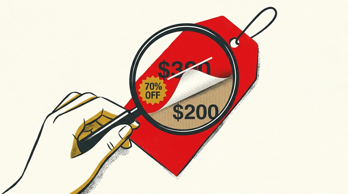 A conceptual illustration of a magnifying glass peeling back a fake $300 price tag to reveal the true $200 price underneath.