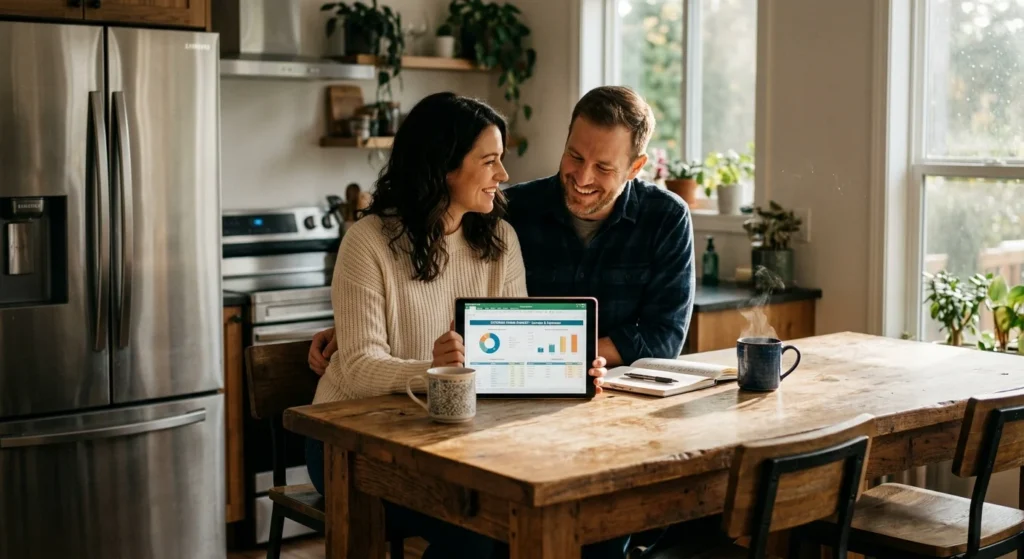A couple looking at a tablet together in a sunlit kitchen with a modern stainless steel refrigerator in the background.