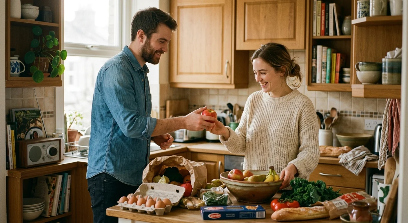 A couple unloads fresh produce and grocery items from brown paper bags in a cozy, sunlit apartment kitchen.