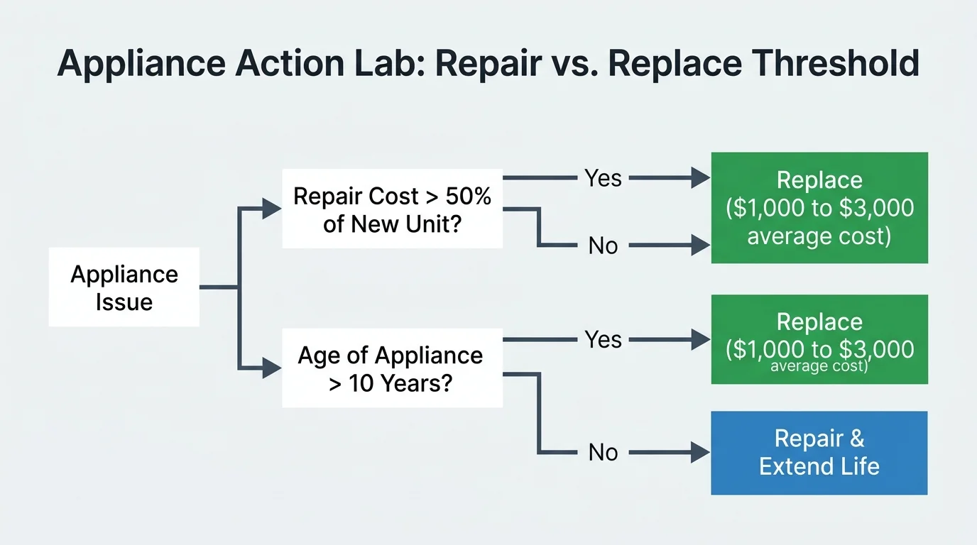 A decision-tree diagram showing when to repair or replace an appliance based on age and a 50% repair cost threshold.