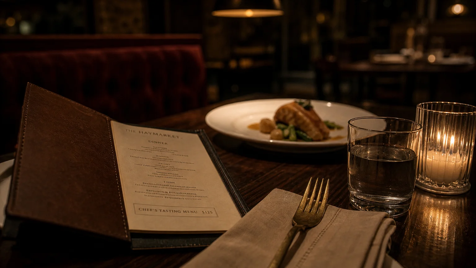 Open dinner menu on a wooden restaurant table beside a lit candle, water glass, fork, napkin, and plated entree.