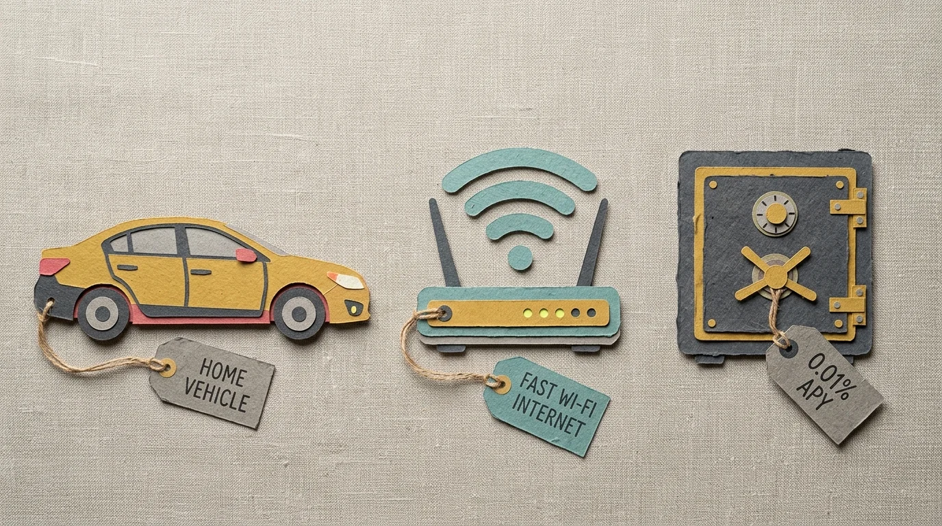 A flat-lay paper-cut collage of a car, a Wi-Fi router, and a safe with a tag reading '0.01% APY' warning of low bank yields.