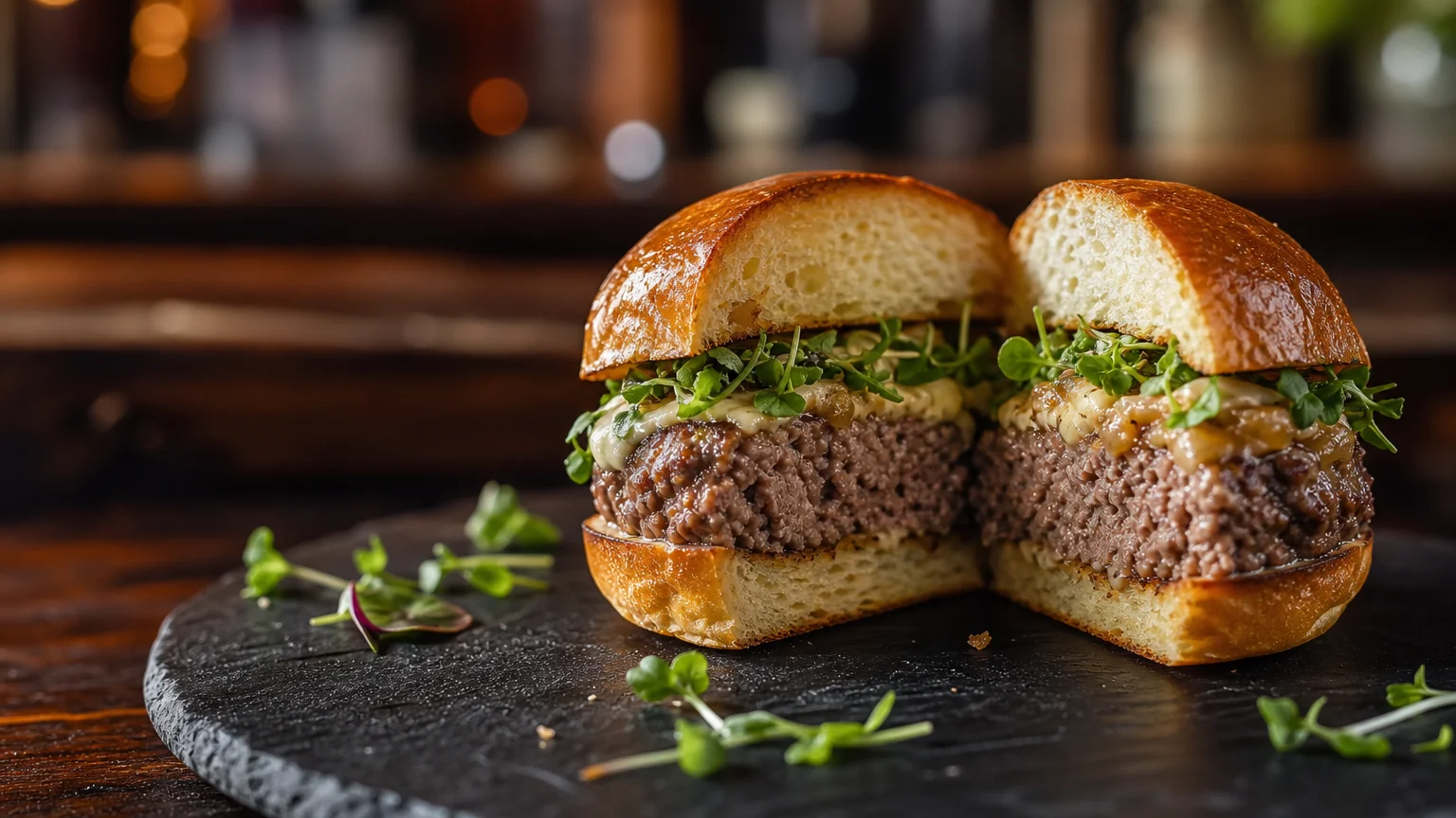 A gourmet slider cut in half on a black slate platter, showing a thick beef patty, melted toppings, and microgreens.