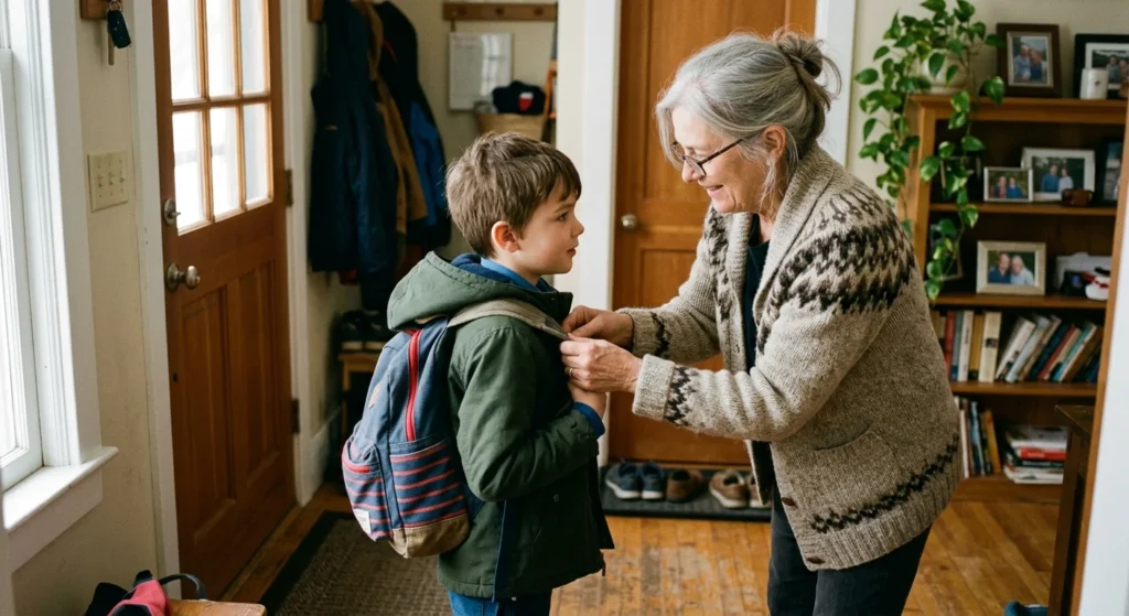 A grandmother in a sunlit home helps her young grandson put on his school backpack, captured in a warm, candid film photography style.