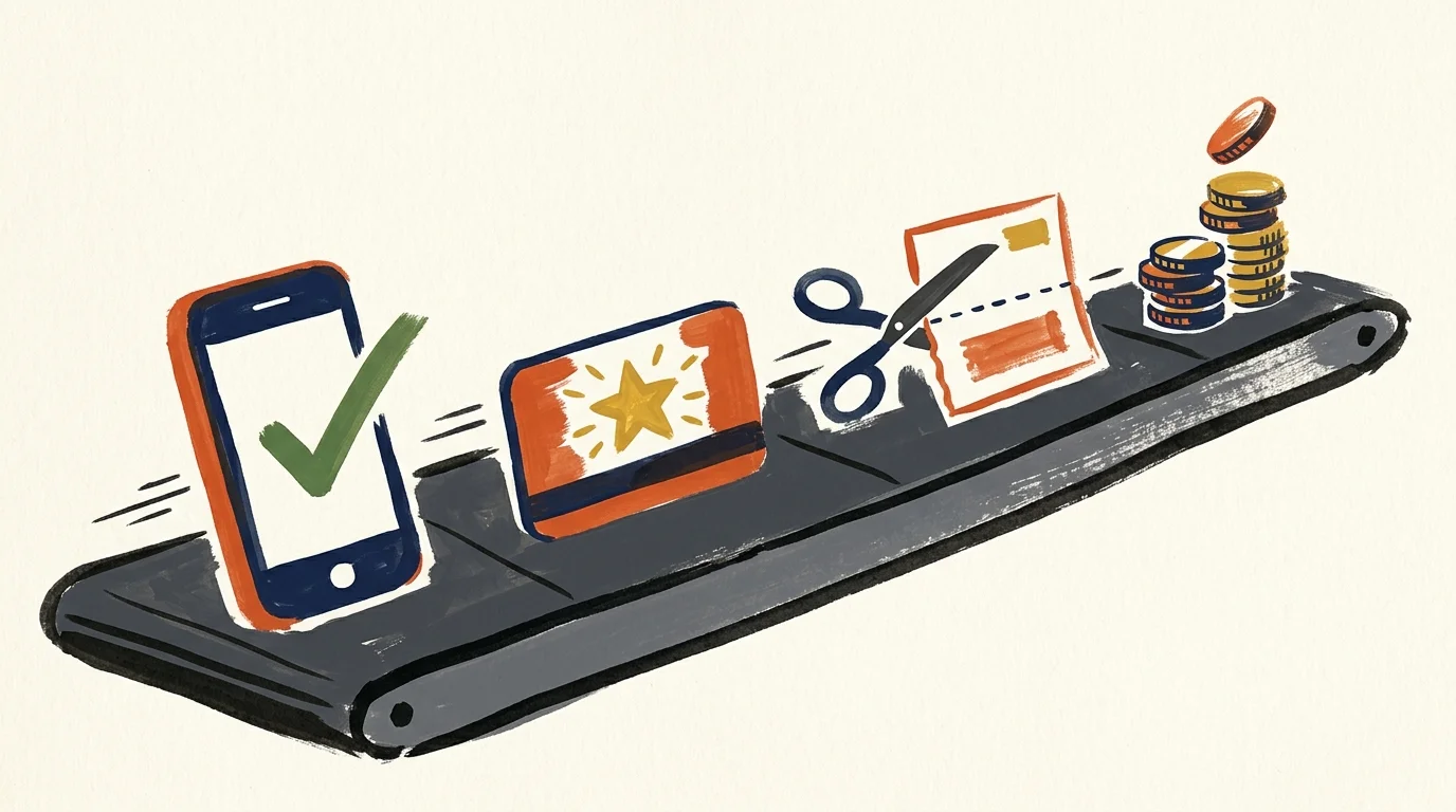 A graphic illustration of a checkout conveyor belt carrying a smartphone, a loyalty card, scissors clipping a coupon, and rising coins.