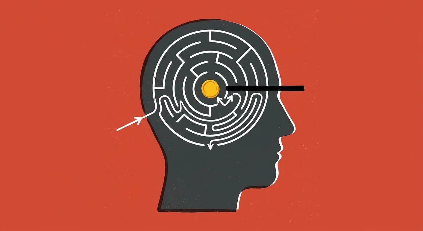 A graphic illustration of a human head silhouette containing a maze with a single gold coin trapped at the center.