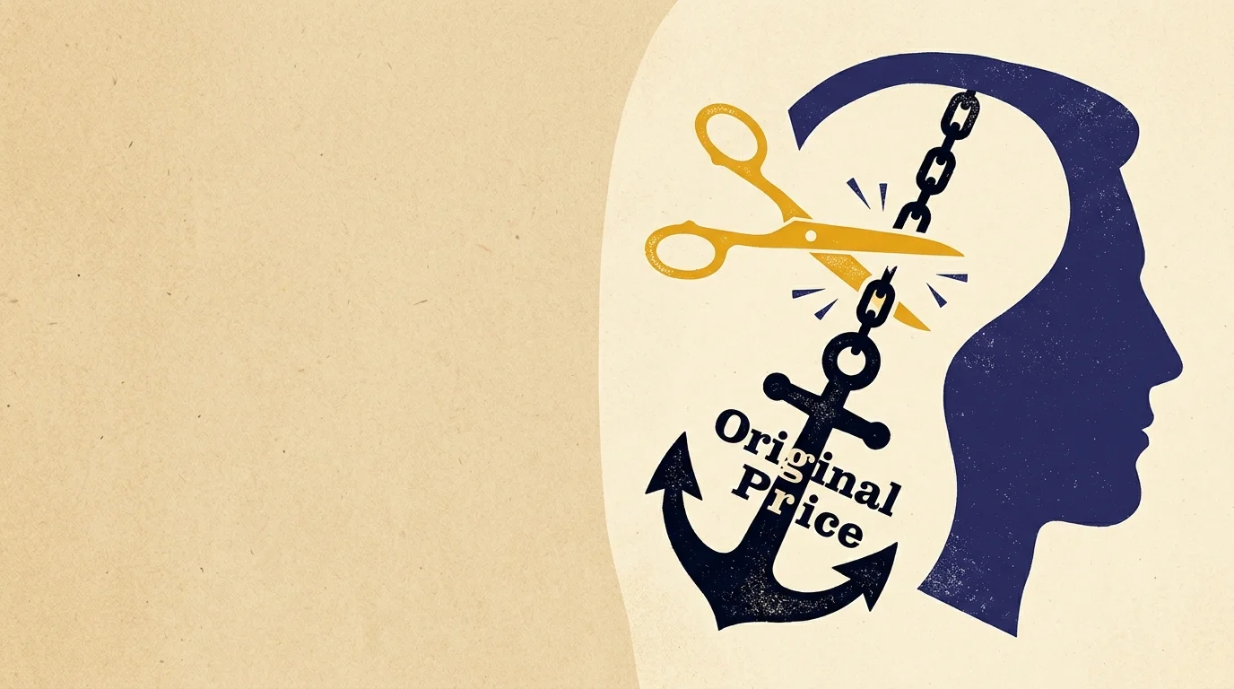 A graphic illustration of golden shears cutting a chain linked to a heavy anchor labeled 'Original Price'.
