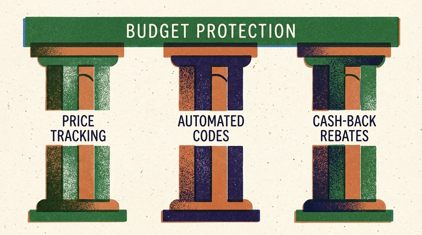 A graphic illustration of three architectural pillars labeled Price Tracking, Automated Codes, and Cash-Back Rebates, supporting a budget ar