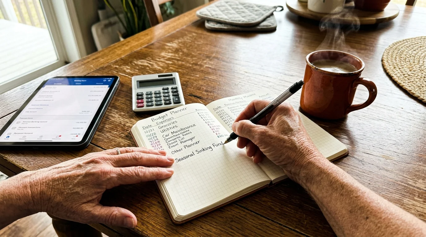 A high-angle photo of hands writing in a budget planner next to a coffee mug on a kitchen table.