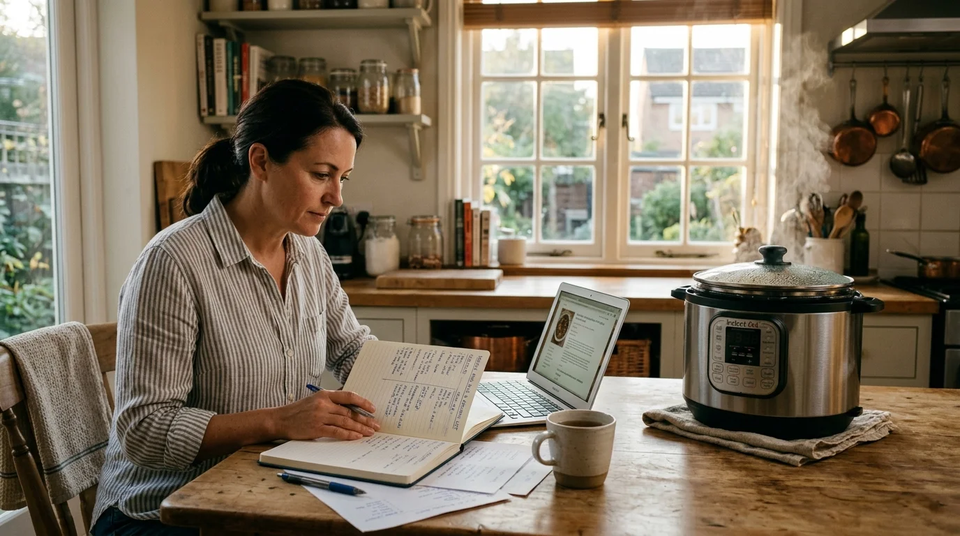 A home cook planning meals at a wooden kitchen table with a multi-cooker simmering in the background during golden hour.