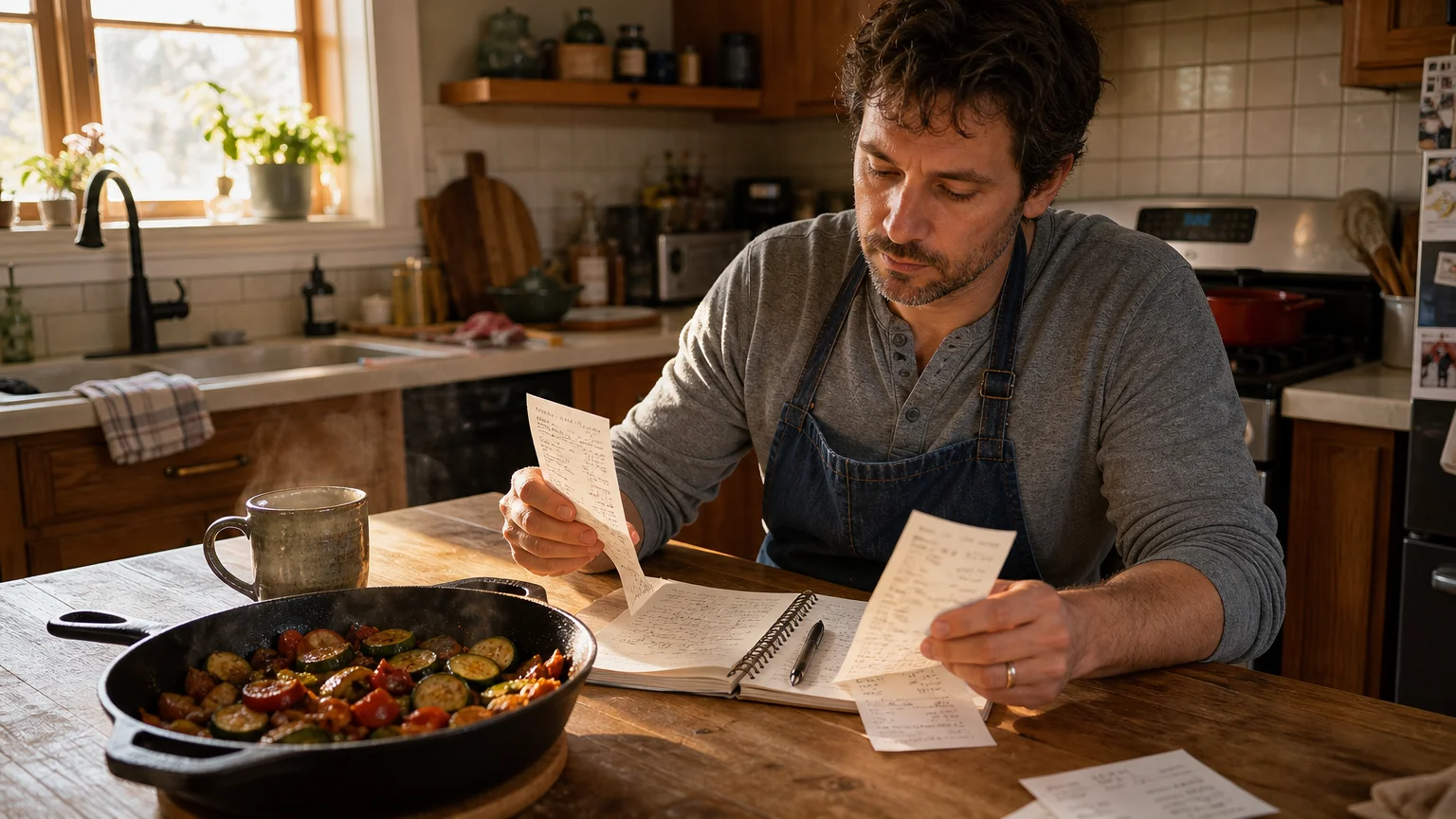 Man in an apron sitting at a wooden kitchen table reviewing receipts next to a notebook and cooked food in a skillet.