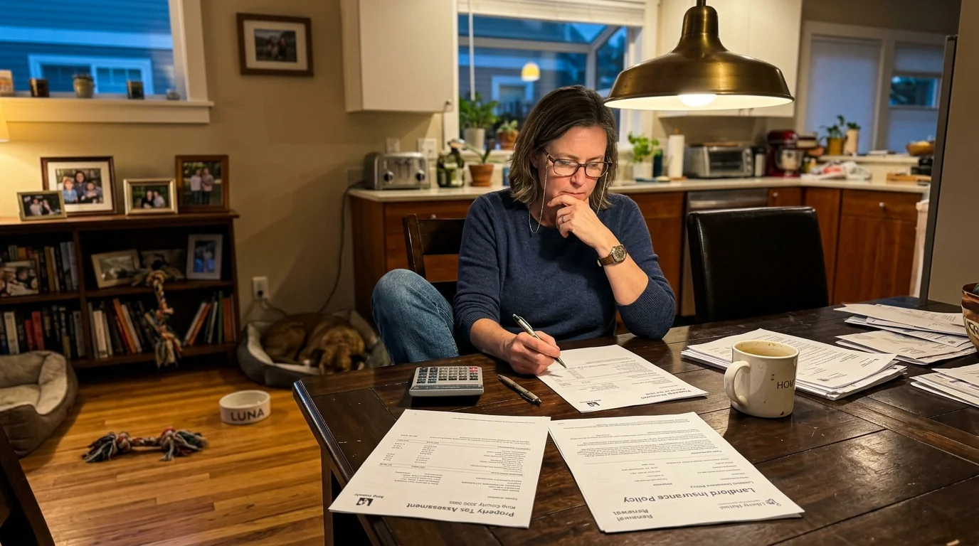A homeowner at a wooden kitchen table at dusk, reviewing property tax and landlord insurance documents under a warm pendant light.
