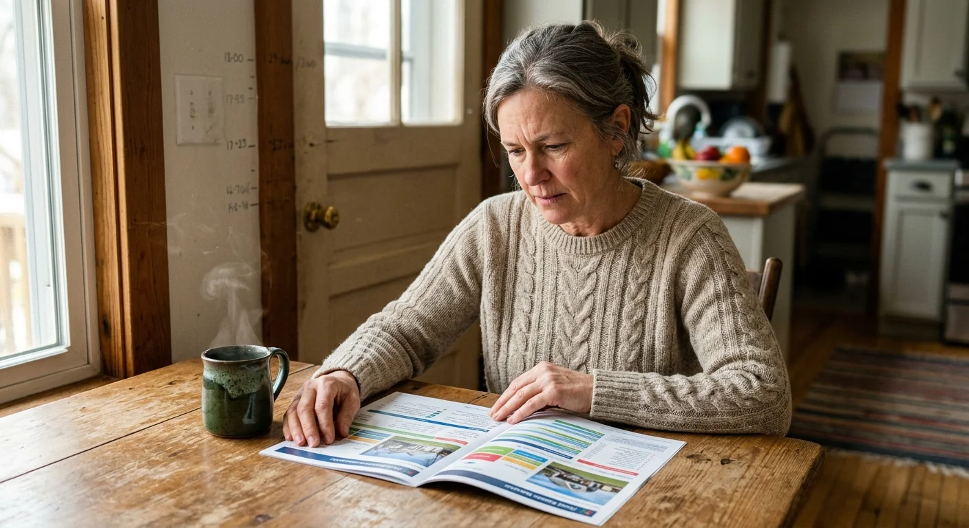 A homeowner looking thoughtfully at a real estate document at a kitchen table, with a child's height chart visible on a doorframe.